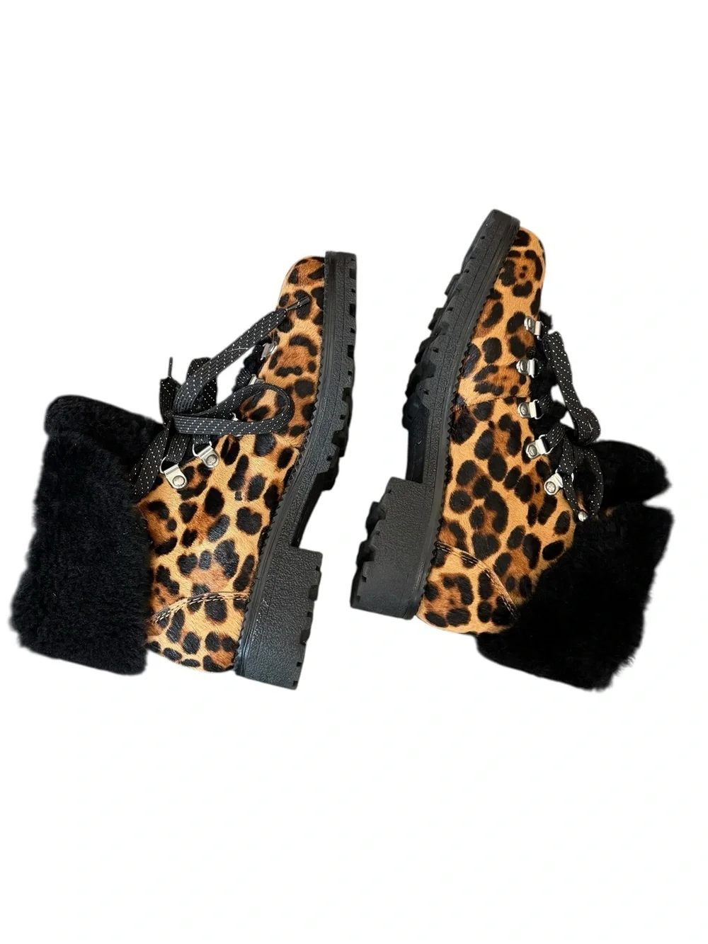 J. Crew Nordic Boots In Leopard Calf Fur Cuff Hiking Ankle Boots